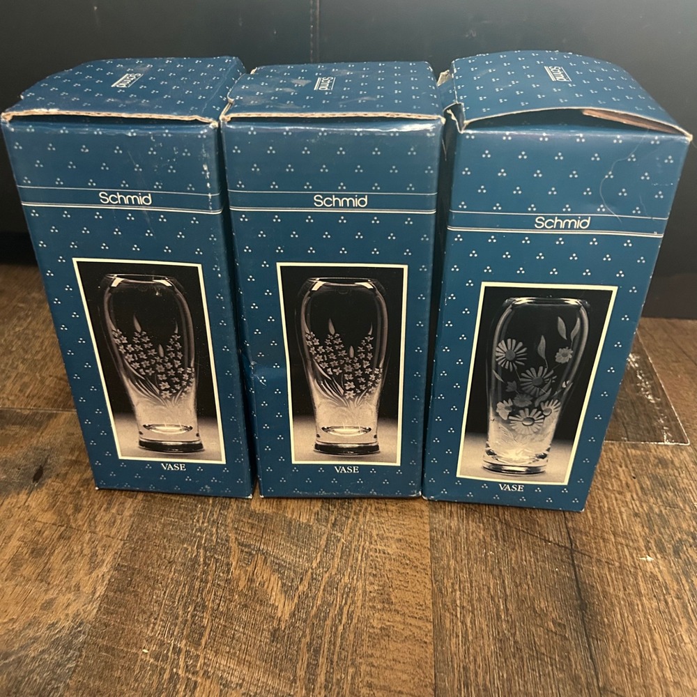 Schmid Crystal Bud Vase Set of 3 Etched Floral Gladiola Daisy Portugal 1987
